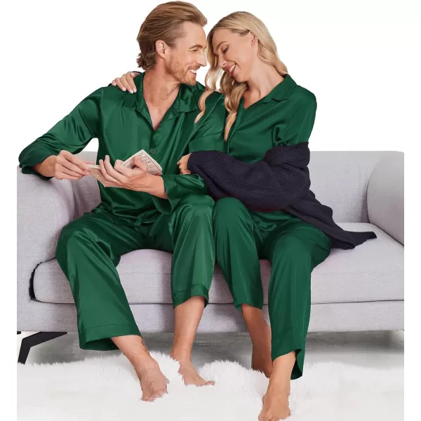 Ekouaer Matching Couples Pajamas Classic Long Sleeve Couple Sleepwear Silk Satin Soft Button Down Loungewear Pjs Set SXXLWomen Green