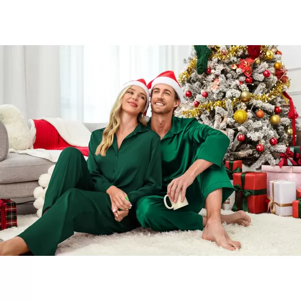 Ekouaer Matching Couples Pajamas Classic Long Sleeve Couple Sleepwear Silk Satin Soft Button Down Loungewear Pjs Set SXXLWomen Green