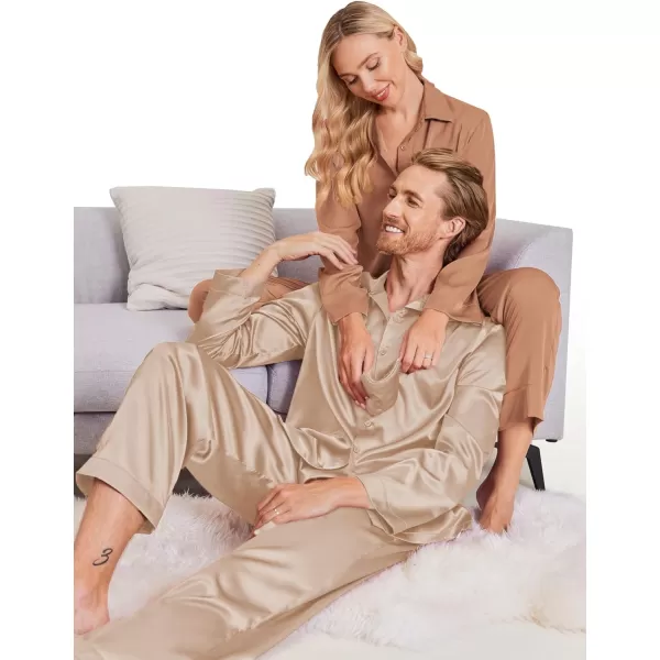 Ekouaer Matching Couples Pajamas Classic Long Sleeve Couple Sleepwear Silk Satin Soft Button Down Loungewear Pjs Set SXXLWomen Light Khaki