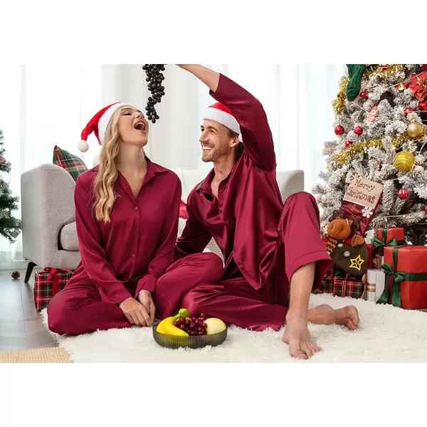 Ekouaer Matching Couples Pajamas Classic Long Sleeve Couple Sleepwear Silk Satin Soft Button Down Loungewear Pjs Set SXXLWomen Wine Red