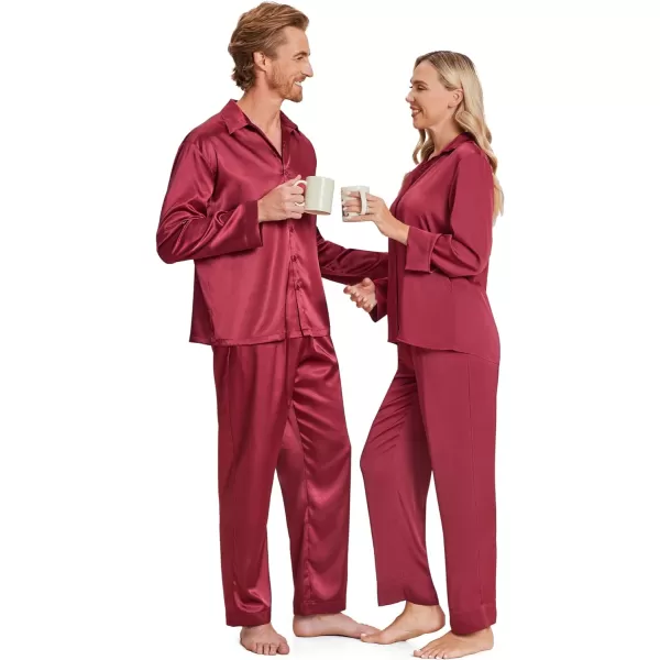 Ekouaer Matching Couples Pajamas Classic Long Sleeve Couple Sleepwear Silk Satin Soft Button Down Loungewear Pjs Set SXXLWomen Wine Red