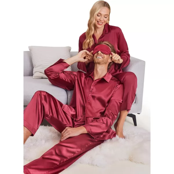 Ekouaer Matching Couples Pajamas Classic Long Sleeve Couple Sleepwear Silk Satin Soft Button Down Loungewear Pjs Set SXXLWomen Wine Red
