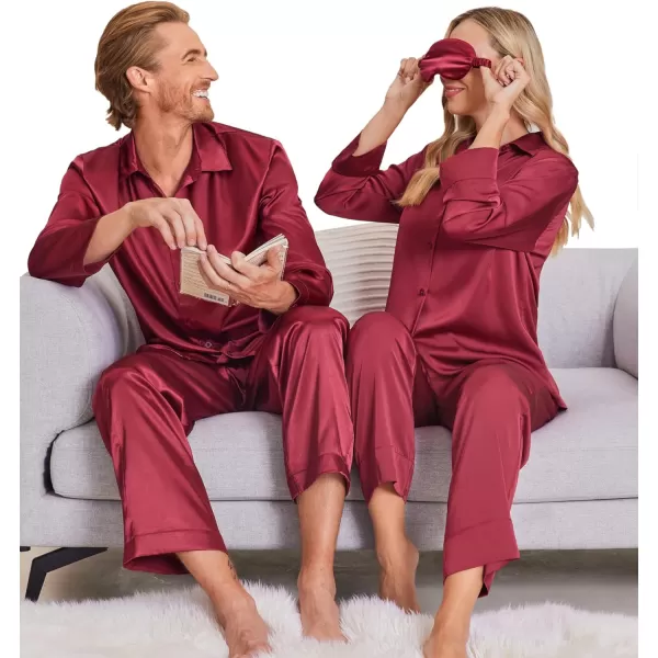 Ekouaer Matching Couples Pajamas Classic Long Sleeve Couple Sleepwear Silk Satin Soft Button Down Loungewear Pjs Set SXXLWomen Wine Red