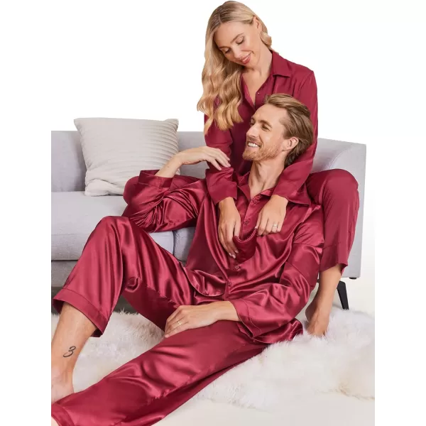 Ekouaer Matching Couples Pajamas Classic Long Sleeve Couple Sleepwear Silk Satin Soft Button Down Loungewear Pjs Set SXXLWomen Wine Red
