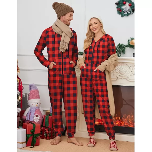 Ekouaer Matching Onesies for Couples Zipper Hooded Christmas Adult Onesie Pajamas with Pockets SXXLMen Aredampblack Plaid