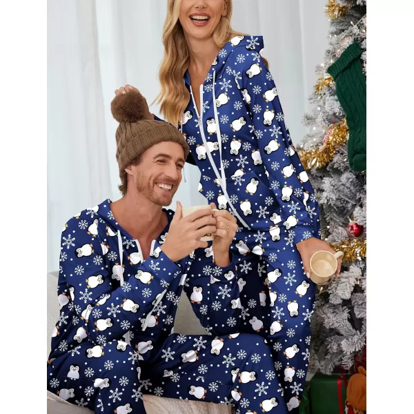 Ekouaer Matching Onesies for Couples Zipper Hooded Christmas Adult Onesie Pajamas with Pockets SXXLMen Blue Penguin