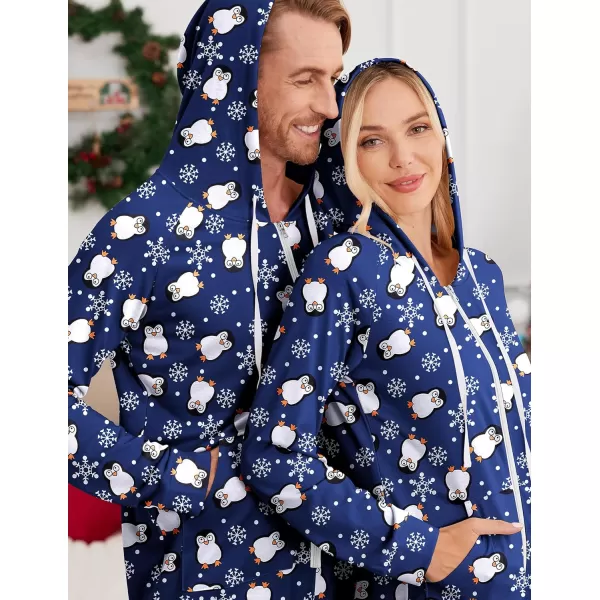 Ekouaer Matching Onesies for Couples Zipper Hooded Christmas Adult Onesie Pajamas with Pockets SXXLMen Blue Penguin