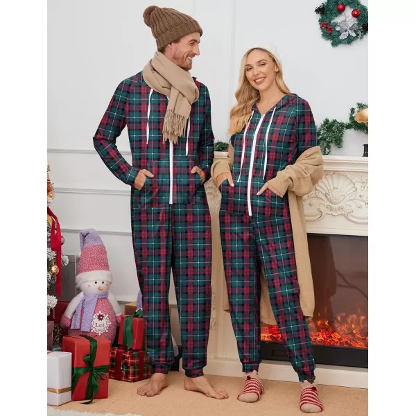 Ekouaer Matching Onesies for Couples Zipper Hooded Christmas Adult Onesie Pajamas with Pockets SXXLMen Cgreen Plaid