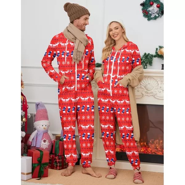 Ekouaer Matching Onesies for Couples Zipper Hooded Christmas Adult Onesie Pajamas with Pockets SXXLMen Elkampsnowflake