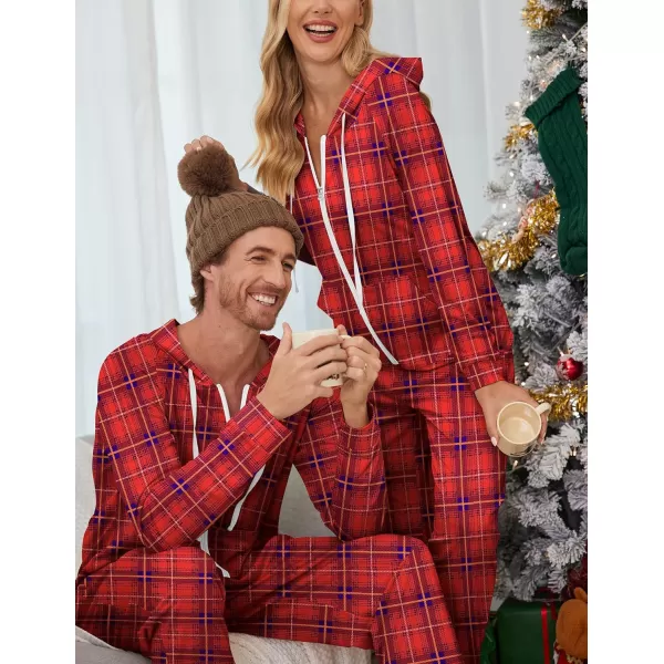 Ekouaer Matching Onesies for Couples Zipper Hooded Christmas Adult Onesie Pajamas with Pockets SXXLMen Red Plaid