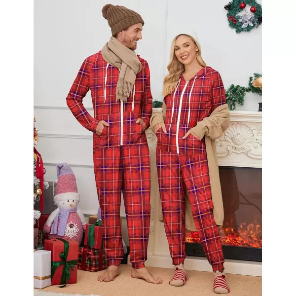 Ekouaer Matching Onesies for Couples Zipper Hooded Christmas Adult Onesie Pajamas with Pockets SXXLMen Red Plaid