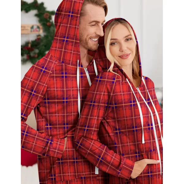 Ekouaer Matching Onesies for Couples Zipper Hooded Christmas Adult Onesie Pajamas with Pockets SXXLMen Red Plaid