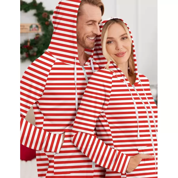 Ekouaer Matching Onesies for Couples Zipper Hooded Christmas Adult Onesie Pajamas with Pockets SXXLMen Redwhite Stripes