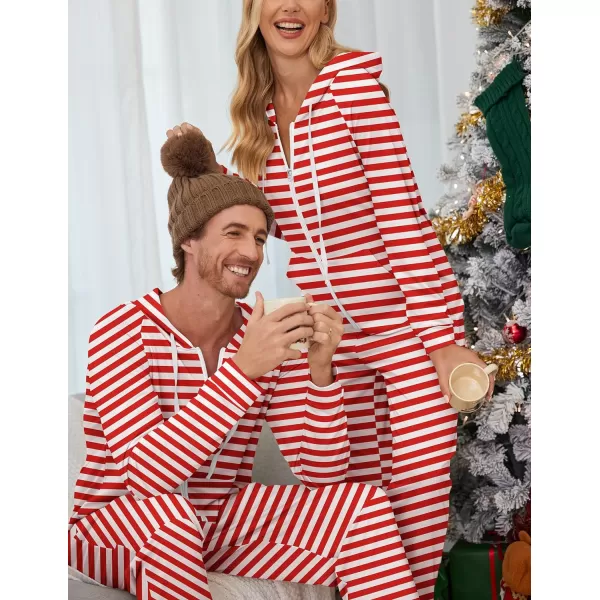 Ekouaer Matching Onesies for Couples Zipper Hooded Christmas Adult Onesie Pajamas with Pockets SXXLMen Redwhite Stripes