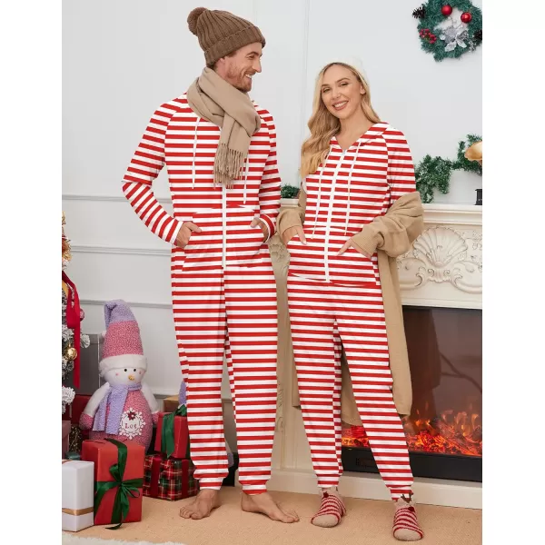 Ekouaer Matching Onesies for Couples Zipper Hooded Christmas Adult Onesie Pajamas with Pockets SXXLMen Redwhite Stripes