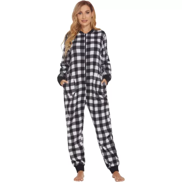 Ekouaer Matching Pajamas Set for Family Fleece Onesie Christmas Sleepwear Zipper Jumpsuit with PocketsKids Black Plaid Onesie