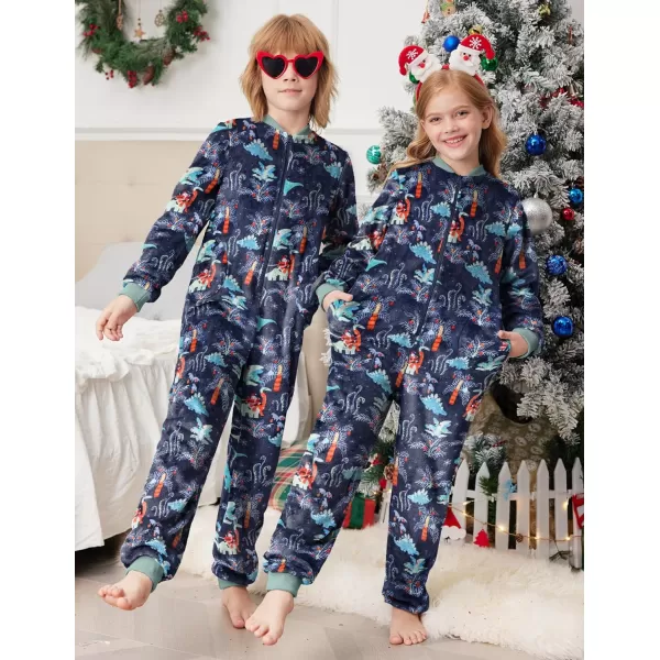 Ekouaer Matching Pajamas Set for Family Fleece Onesie Christmas Sleepwear Zipper Jumpsuit with PocketsKids Dinasour