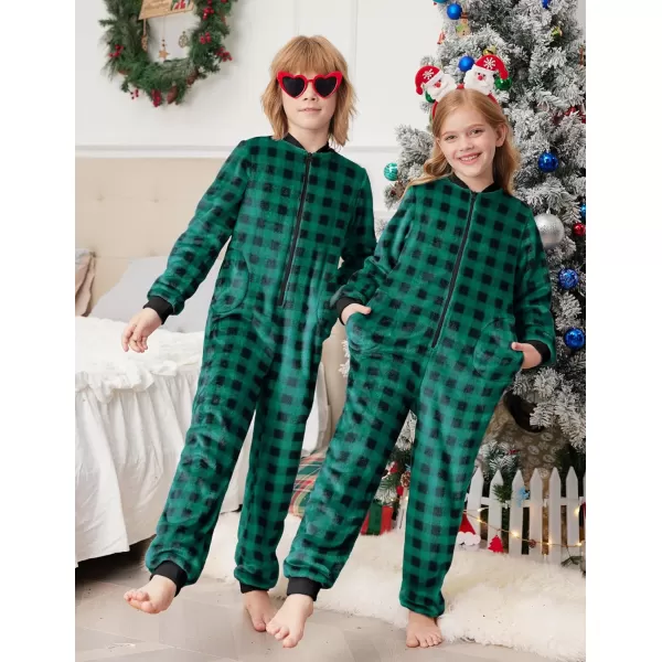 Ekouaer Matching Pajamas Set for Family Fleece Onesie Christmas Sleepwear Zipper Jumpsuit with PocketsKids Green Plaid Onesie