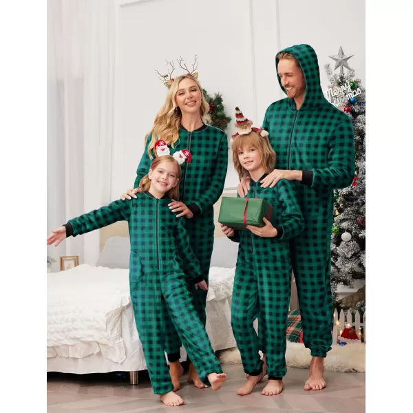 Ekouaer Matching Pajamas Set for Family Fleece Onesie Christmas Sleepwear Zipper Jumpsuit with PocketsKids Green Plaid Onesie