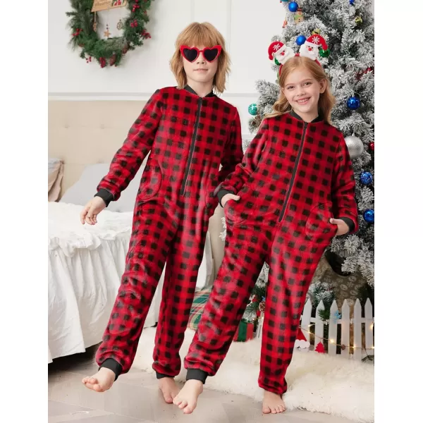 Ekouaer Matching Pajamas Set for Family Fleece Onesie Christmas Sleepwear Zipper Jumpsuit with PocketsKids Red Plaid Onesie