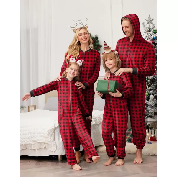 Ekouaer Matching Pajamas Set for Family Fleece Onesie Christmas Sleepwear Zipper Jumpsuit with PocketsKids Red Plaid Onesie