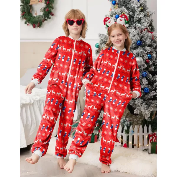 Ekouaer Matching Pajamas Set for Family Fleece Onesie Christmas Sleepwear Zipper Jumpsuit with PocketsKids Reindeer Red