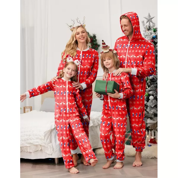 Ekouaer Matching Pajamas Set for Family Fleece Onesie Christmas Sleepwear Zipper Jumpsuit with PocketsKids Reindeer Red