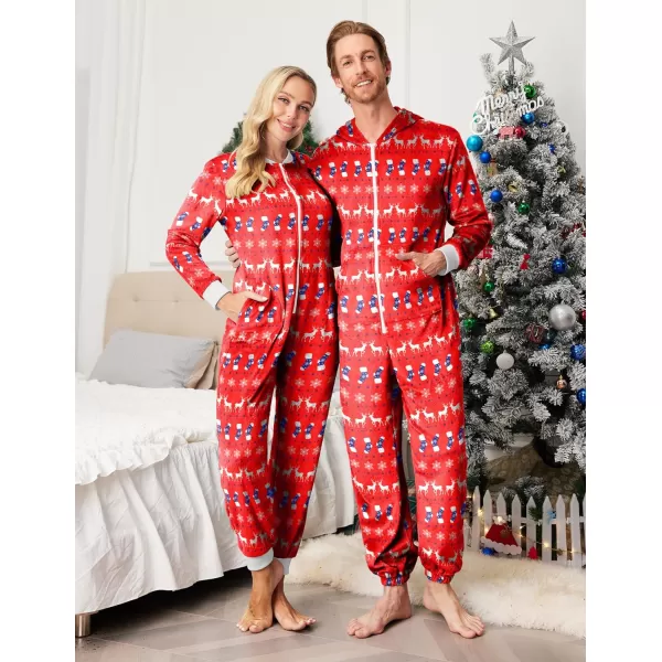 Ekouaer Matching Pajamas Set for Family Fleece Onesie Christmas Sleepwear Zipper Jumpsuit with PocketsKids Reindeer Red