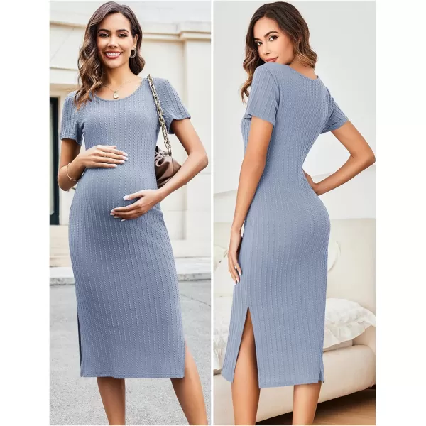Ekouaer Maternity Dress Rib Knit Short Sleeve Bodycon Dresses Casual Stretchy Pregnancy Clothes SXXLLight Blue