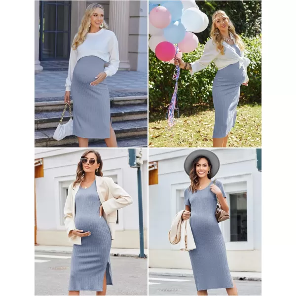 Ekouaer Maternity Dress Rib Knit Short Sleeve Bodycon Dresses Casual Stretchy Pregnancy Clothes SXXLLight Blue