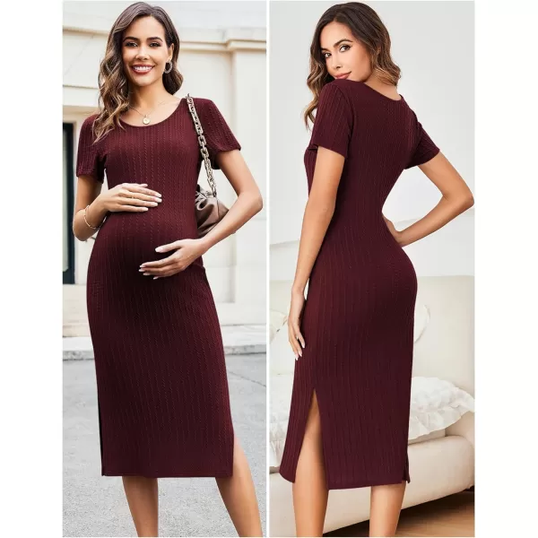 Ekouaer Maternity Dress Rib Knit Short Sleeve Bodycon Dresses Casual Stretchy Pregnancy Clothes SXXLWine Red