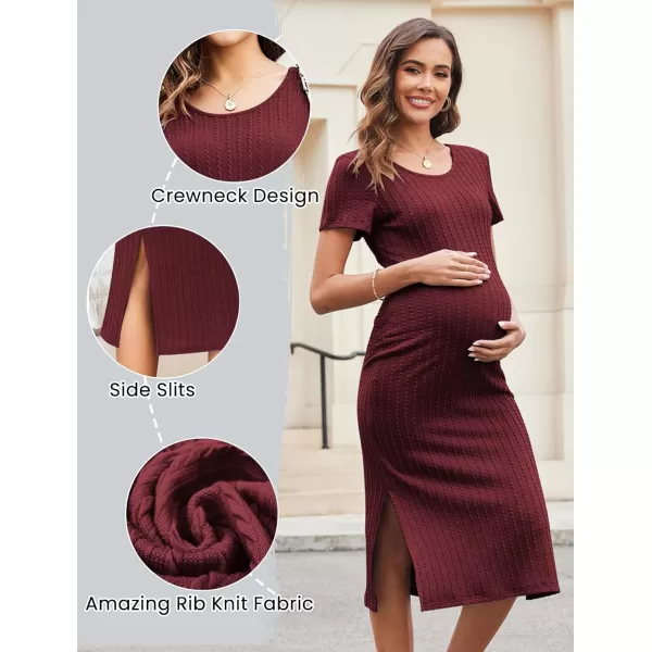 Ekouaer Maternity Dress Rib Knit Short Sleeve Bodycon Dresses Casual Stretchy Pregnancy Clothes SXXLWine Red