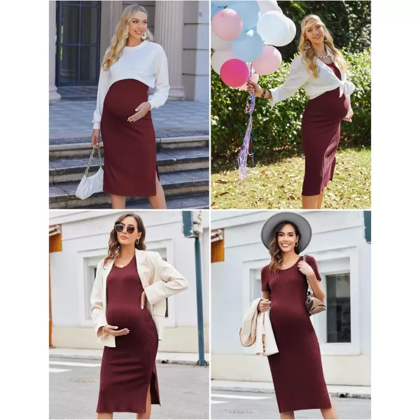 Ekouaer Maternity Dress Rib Knit Short Sleeve Bodycon Dresses Casual Stretchy Pregnancy Clothes SXXLWine Red