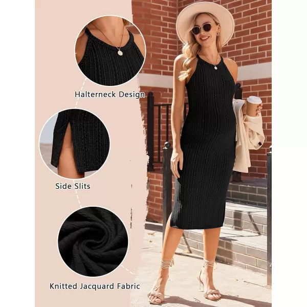 Ekouaer Maternity Dress Rib Knit Side Slit Stretchy Bodycon Pregnancy Dresses Halter Neck Sleeveless Pregnant ClothesBlack