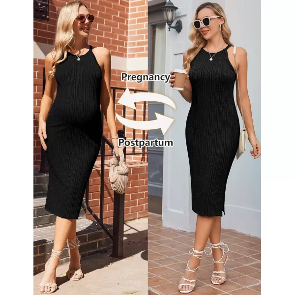 Ekouaer Maternity Dress Rib Knit Side Slit Stretchy Bodycon Pregnancy Dresses Halter Neck Sleeveless Pregnant ClothesBlack