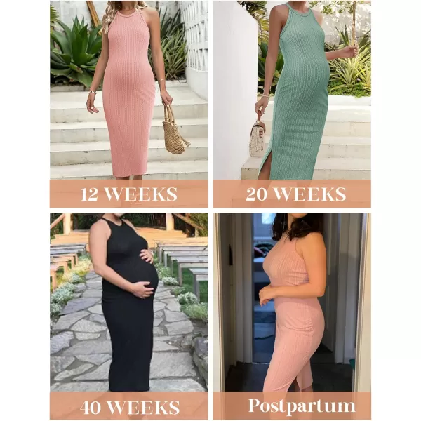 Ekouaer Maternity Dress Rib Knit Side Slit Stretchy Bodycon Pregnancy Dresses Halter Neck Sleeveless Pregnant ClothesBlack