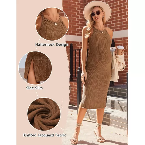 Ekouaer Maternity Dress Rib Knit Side Slit Stretchy Bodycon Pregnancy Dresses Halter Neck Sleeveless Pregnant ClothesBrown