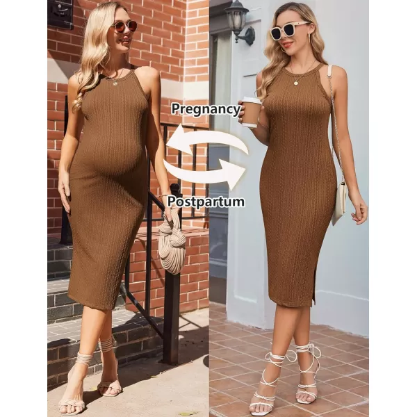 Ekouaer Maternity Dress Rib Knit Side Slit Stretchy Bodycon Pregnancy Dresses Halter Neck Sleeveless Pregnant ClothesBrown