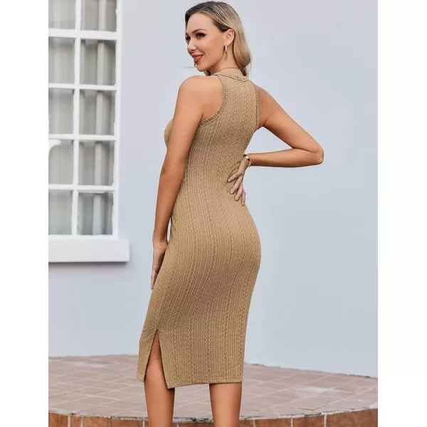 Ekouaer Maternity Dress Rib Knit Side Slit Stretchy Bodycon Pregnancy Dresses Halter Neck Sleeveless Pregnant ClothesKhaki