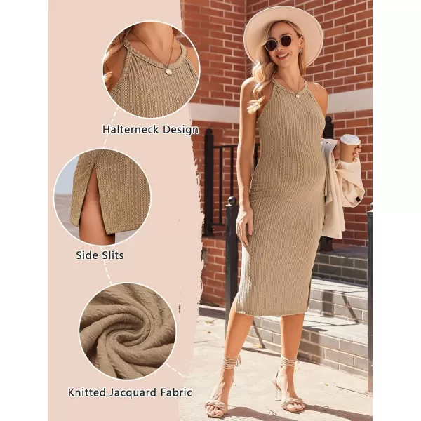 Ekouaer Maternity Dress Rib Knit Side Slit Stretchy Bodycon Pregnancy Dresses Halter Neck Sleeveless Pregnant ClothesKhaki