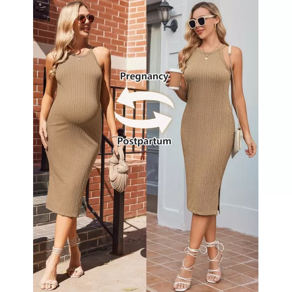 Ekouaer Maternity Dress Rib Knit Side Slit Stretchy Bodycon Pregnancy Dresses Halter Neck Sleeveless Pregnant ClothesKhaki