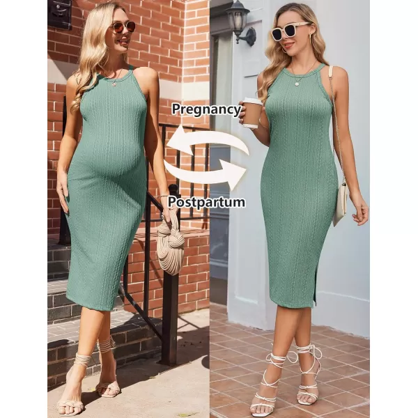 Ekouaer Maternity Dress Rib Knit Side Slit Stretchy Bodycon Pregnancy Dresses Halter Neck Sleeveless Pregnant ClothesMint Green