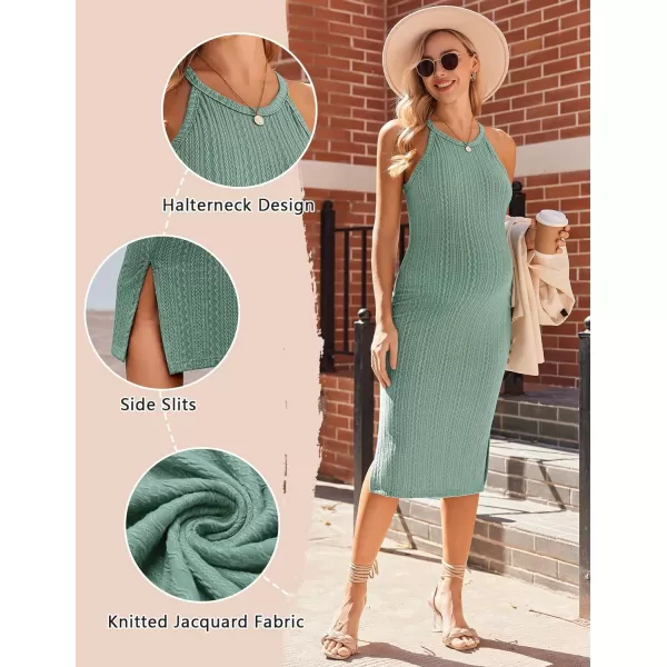 Ekouaer Maternity Dress Rib Knit Side Slit Stretchy Bodycon Pregnancy Dresses Halter Neck Sleeveless Pregnant ClothesMint Green