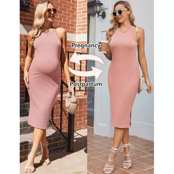 Ekouaer Maternity Dress Rib Knit Side Slit Stretchy Bodycon Pregnancy Dresses Halter Neck Sleeveless Pregnant ClothesPink