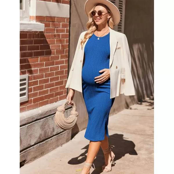 Ekouaer Maternity Dress Rib Knit Side Slit Stretchy Bodycon Pregnancy Dresses Halter Neck Sleeveless Pregnant ClothesSnorkel Blue