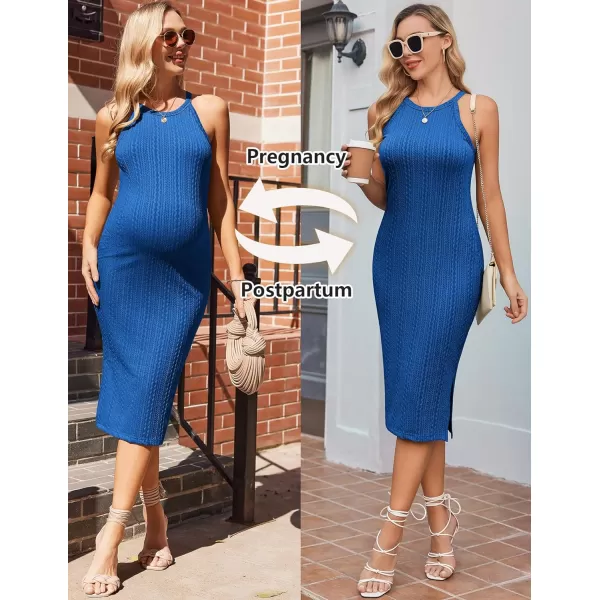 Ekouaer Maternity Dress Rib Knit Side Slit Stretchy Bodycon Pregnancy Dresses Halter Neck Sleeveless Pregnant ClothesSnorkel Blue