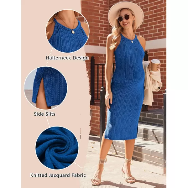 Ekouaer Maternity Dress Rib Knit Side Slit Stretchy Bodycon Pregnancy Dresses Halter Neck Sleeveless Pregnant ClothesSnorkel Blue