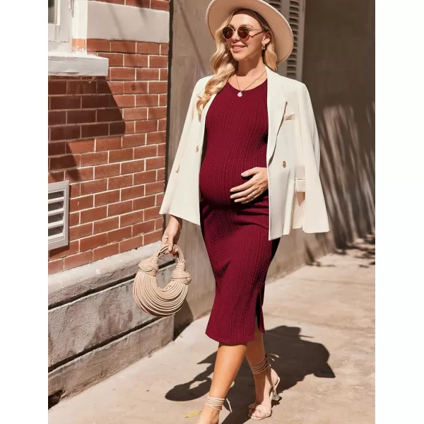 Ekouaer Maternity Dress Rib Knit Side Slit Stretchy Bodycon Pregnancy Dresses Halter Neck Sleeveless Pregnant ClothesWine Red