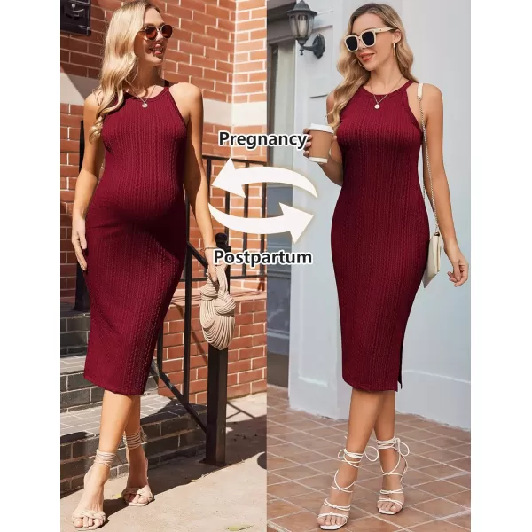 Ekouaer Maternity Dress Rib Knit Side Slit Stretchy Bodycon Pregnancy Dresses Halter Neck Sleeveless Pregnant ClothesWine Red