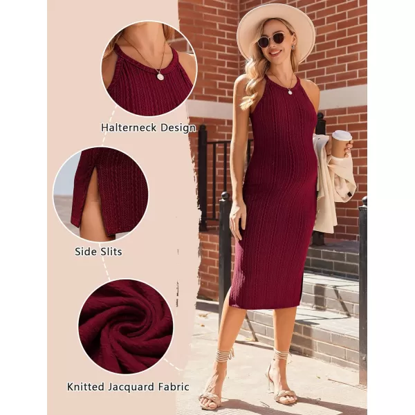 Ekouaer Maternity Dress Rib Knit Side Slit Stretchy Bodycon Pregnancy Dresses Halter Neck Sleeveless Pregnant ClothesWine Red